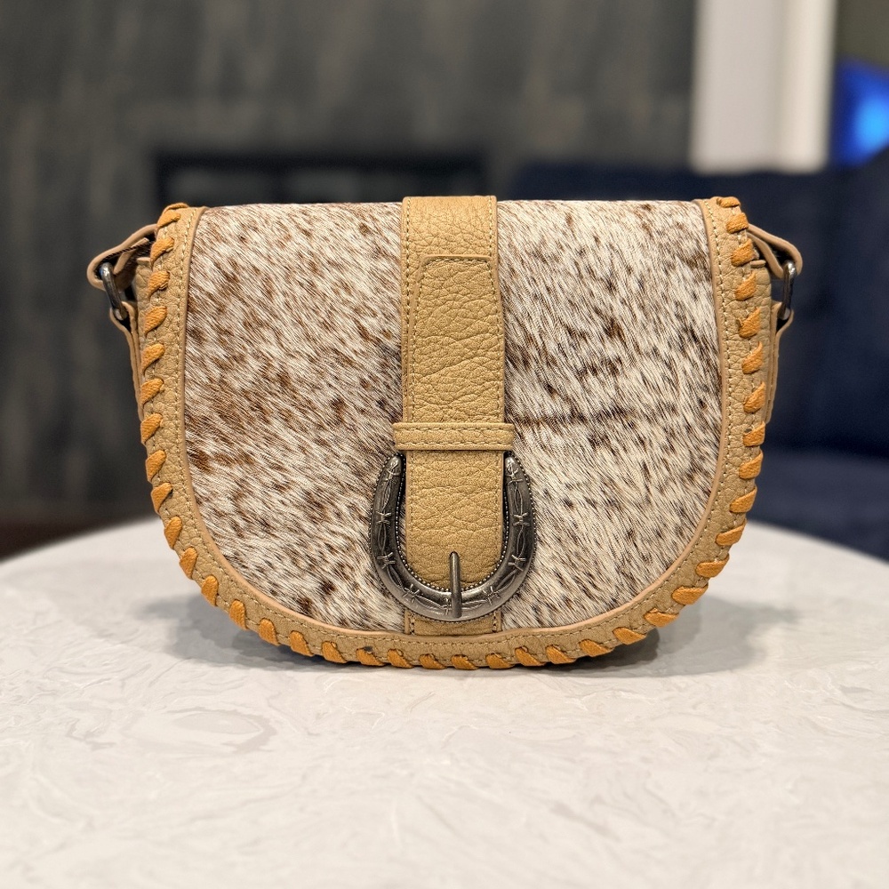 Trinity Ranch Western Hair-On Cowhide Saddle Crossbody Tan